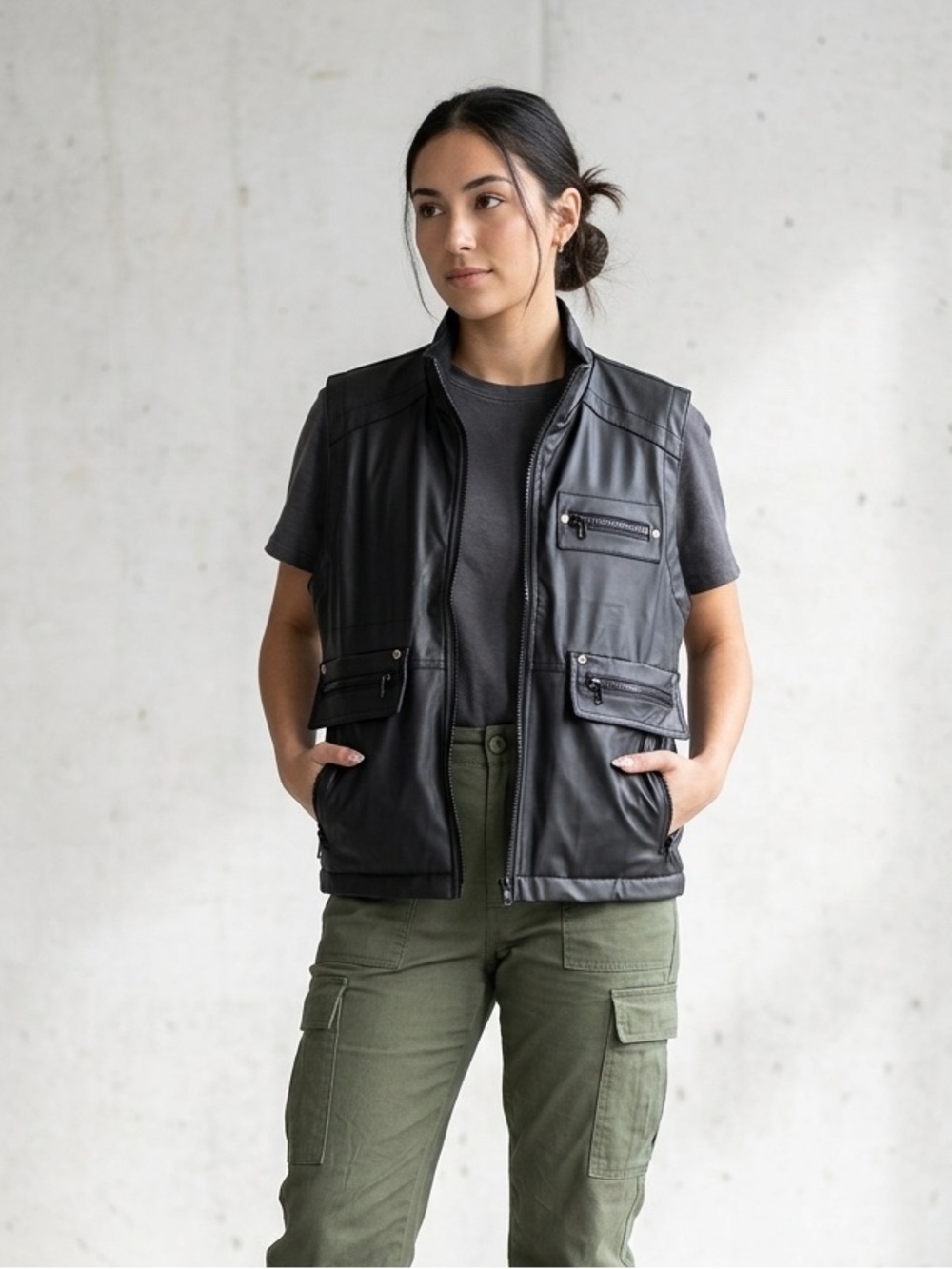 Crash Zone Black Faux Leather Utility Vest Techwear Gorpcore Moto Tactical sizeS